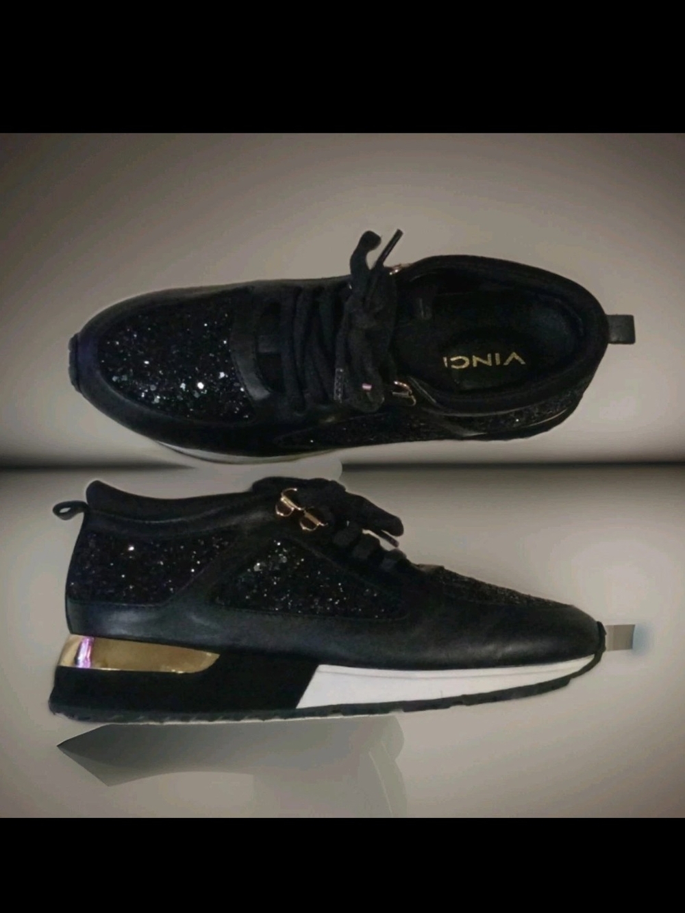 Limited Edition Vinci Black Glitter Athletic Sneakers with Gold Heel Accent